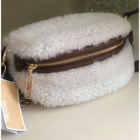 NWT MICHAEL KORS Sling Sherpa Gold Chain Messenger Handbag with Leather Trim - Picture 12 of 12